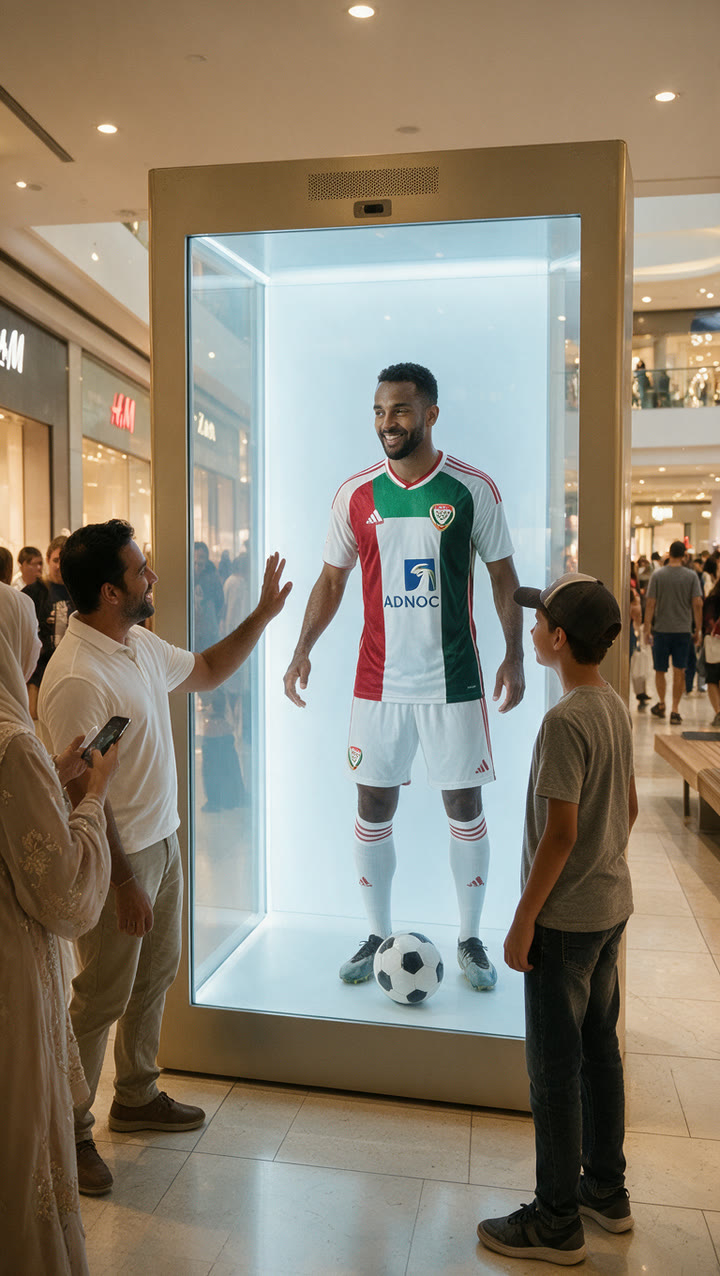 7-foot faceOS Holobox in a shopping mall showing a life-size footballer, with shoppers waving and taking photos