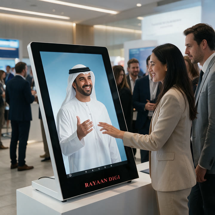 Visitor touching a faceOS tabletop screen at an event, with an Emirati host greeting from the screen